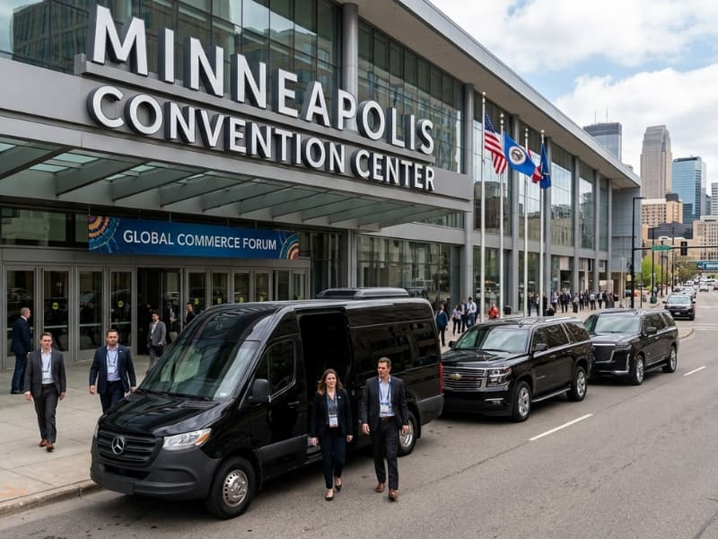 Business event transportation with black vans at a convention center