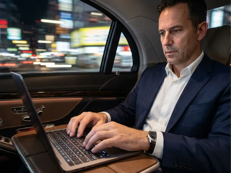 Executive corporate transportation in a black luxury sedan in Minneapolis