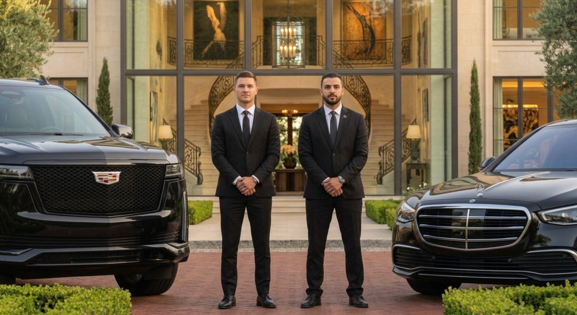Professional MSP Airport Limo chauffeurs beside a black Cadillac Escalade and Mercedes S-Class