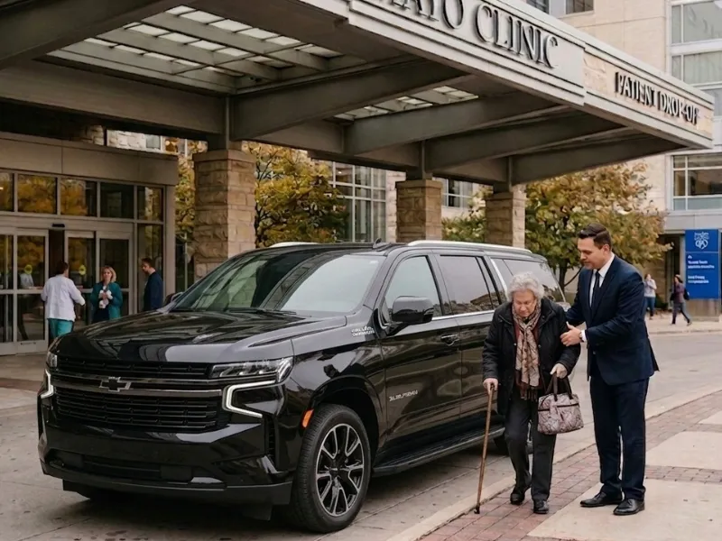 Mayo Clinic transfer from MSP Airport to Rochester MN in a black SUV