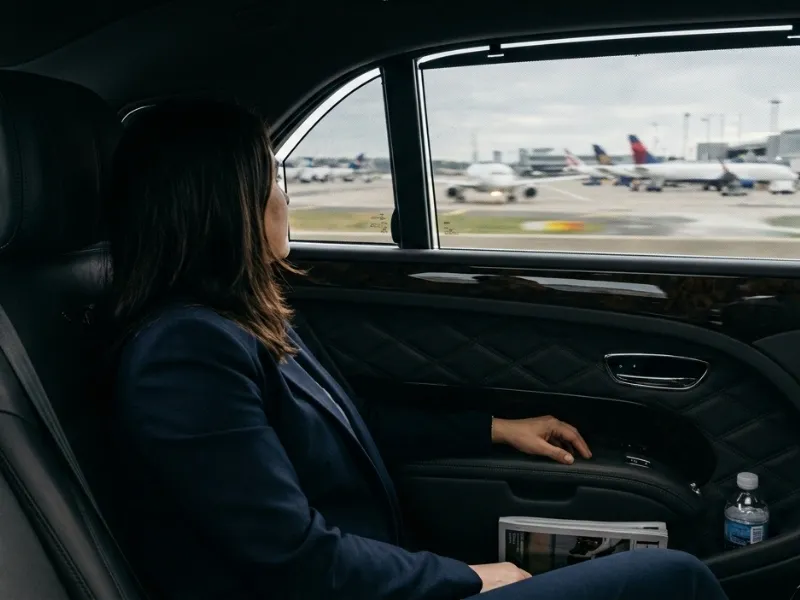 Private jet FBO transfer with luxury SUV on tarmac near MSP