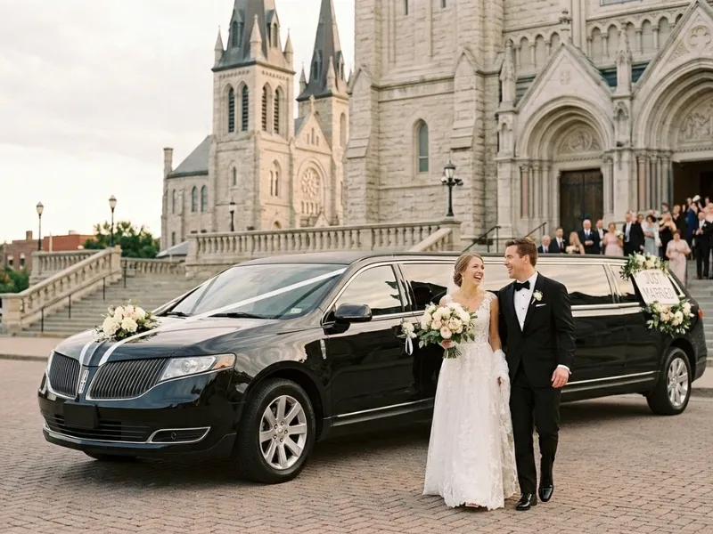 Wedding limo service in Minneapolis with chauffeur holding the door