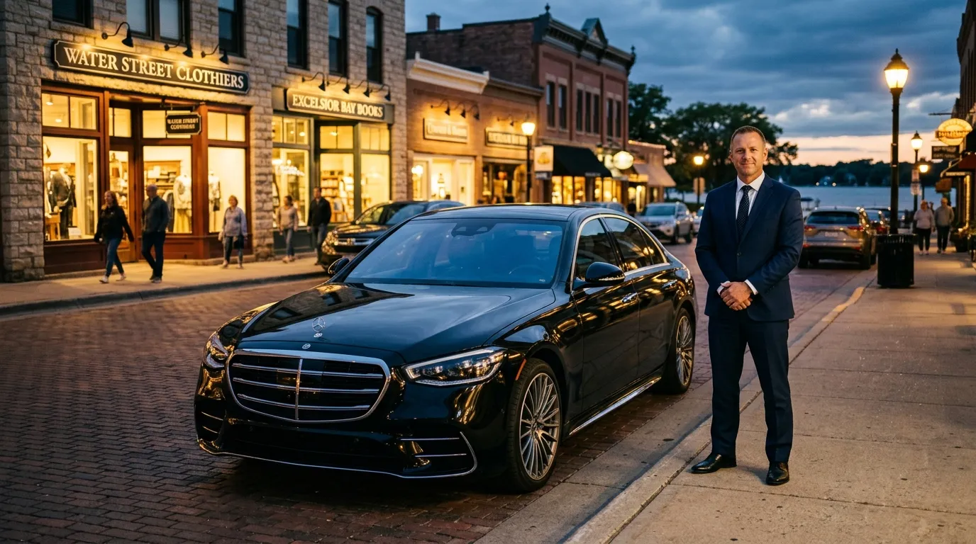 Excelsior MN chauffeur service - black car on Water Street in Excelsior, Minnesota - MSP Airport Limo Service