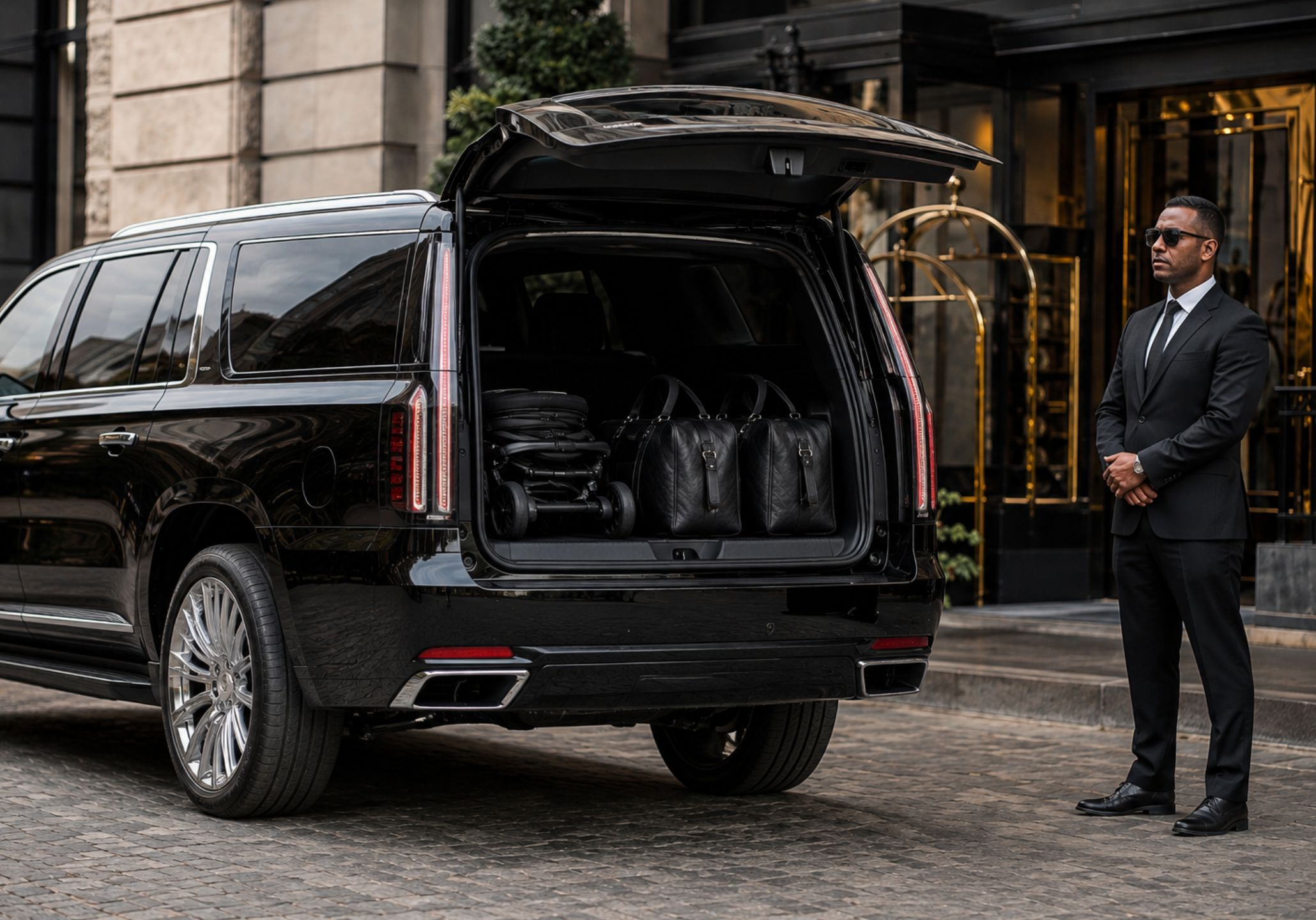 Chauffeur loading luggage into a black Cadillac Escalade