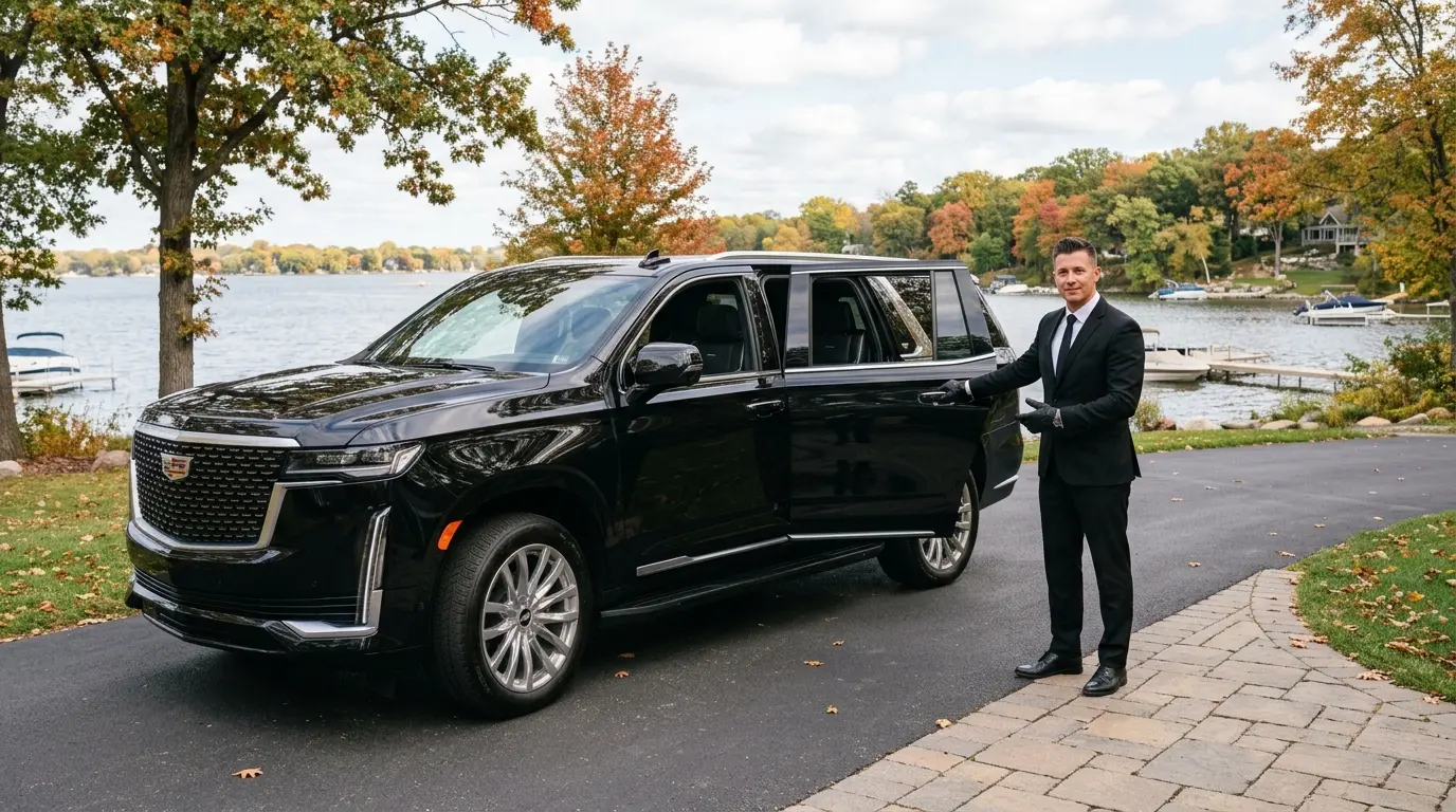 Minnetrista airport car service - chauffeured black SUV at a west Lake Minnetonka home - MSP Airport Limo Service