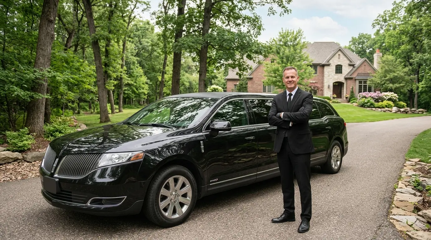 North Oaks chauffeur service - private black car at a North Oaks, Minnesota home - MSP Airport Limo Service