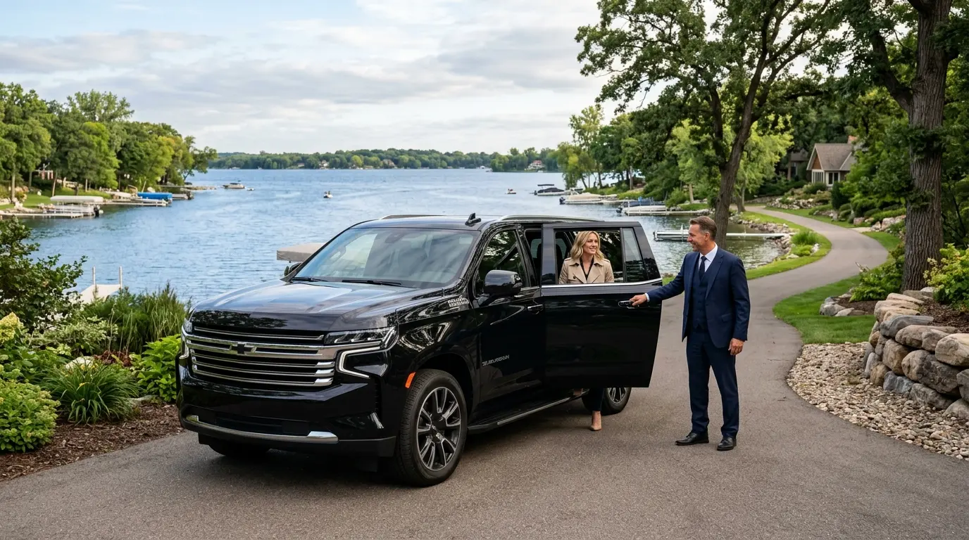 Orono MN airport car service - chauffeured black car at a Lake Minnetonka home - MSP Airport Limo Service
