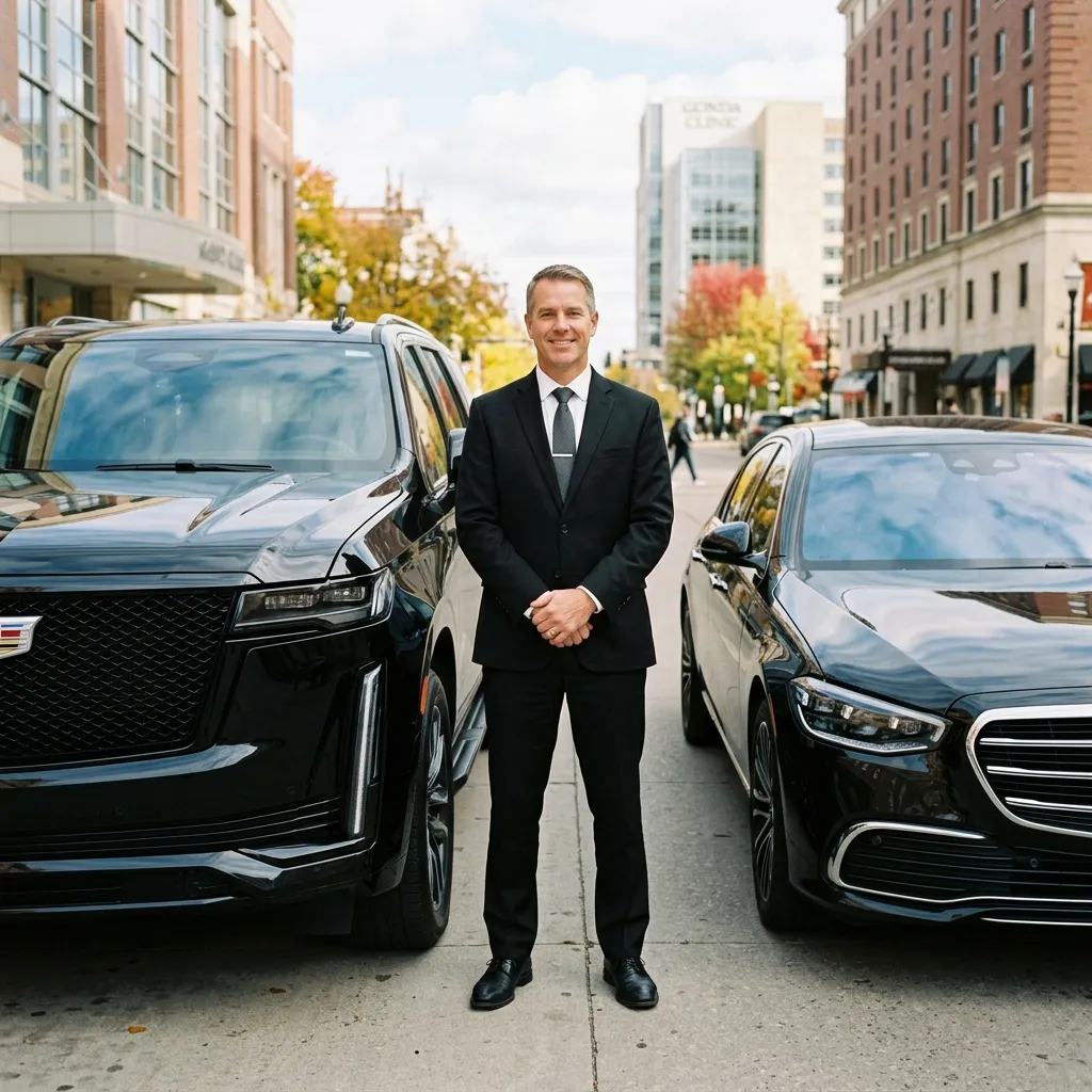 Chauffeur Standing between the Cadillac Escalade ESV  & Mercedes S-Class
