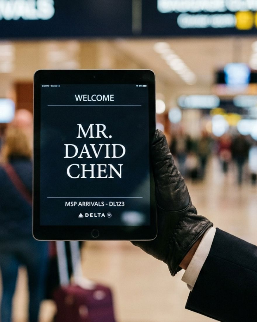 Chauffeur opening the car door for a passenger at MSP airport